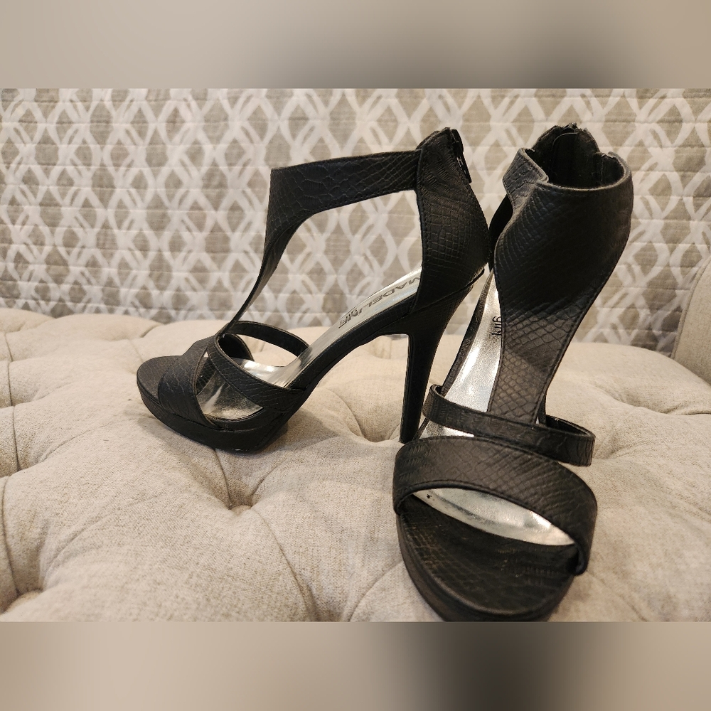 Textured Black Leather Strappy Heels